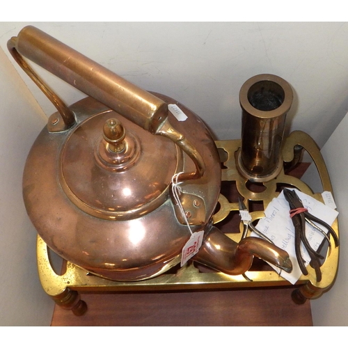 297 - A brass stand together with a copper kettle etc