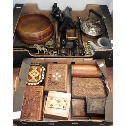 299 - Two boxes of metal and wood ware including horse brasses and a plated kettle (2)