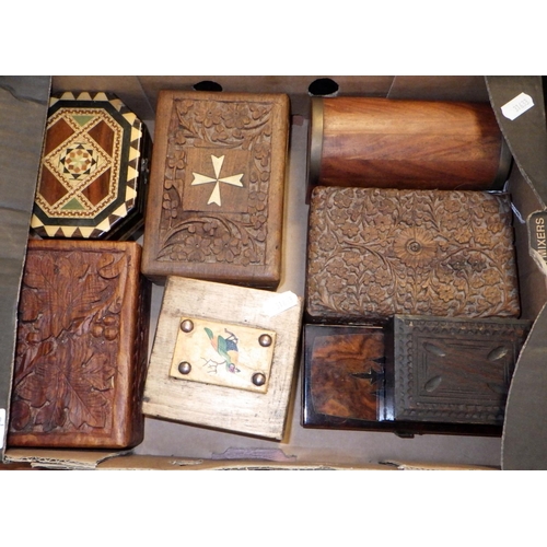 299 - Two boxes of metal and wood ware including horse brasses and a plated kettle (2)