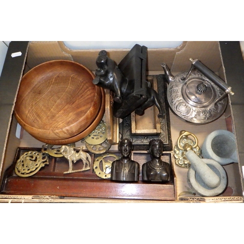 299 - Two boxes of metal and wood ware including horse brasses and a plated kettle (2)