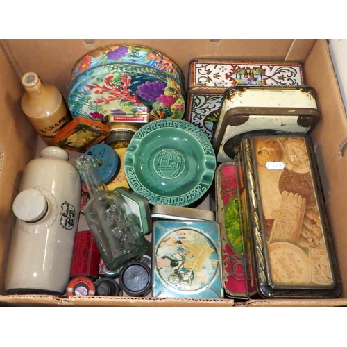 303 - A quantity of tins, ashtrays and stoneware