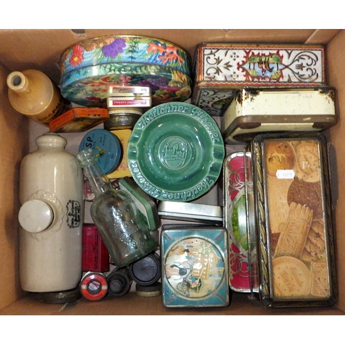 303 - A quantity of tins, ashtrays and stoneware