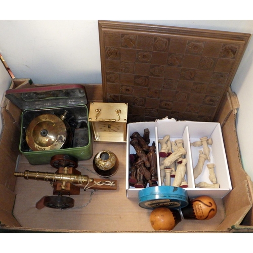 306 - A quantity of miscellaneous items including African carvings, letter rack, chess set (af) and brass ... 