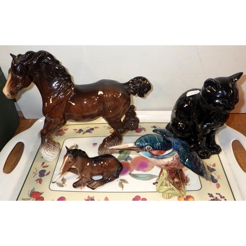 324 - Three Beswick figures (2 horses and a kingfisher) together with a black Sylvac cat