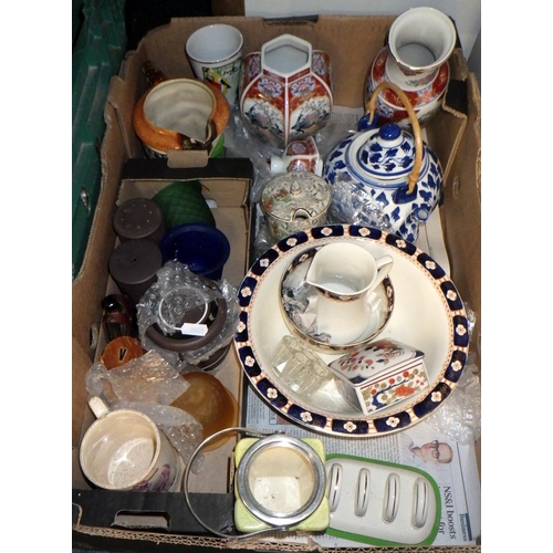 333 - Two boxes of miscellaneous ceramics including gourd shaped vases together with a 'protectorgraph che... 