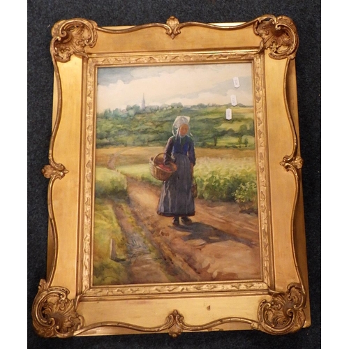 201 - A Bretton scene gilt-framed water colour of a woman walking with basket signed by E.H. Alexander.