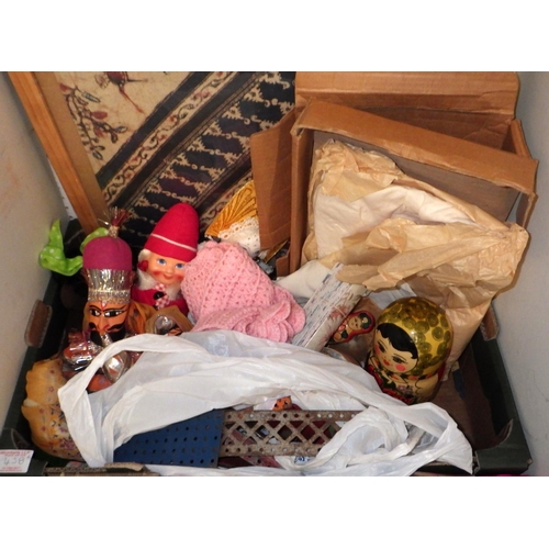 438 - A quantity of miscellaneous items including dolls, a christening gown, painted pots etc (2)