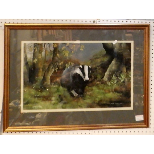 447 - Caroline Manning, gouache of a badger, 1982, a signed limited edition print by Alan M Hunt of an eag... 