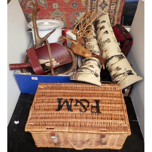 457 - A wicker basket, antlers, leather bags and a metal lidded bin (3)