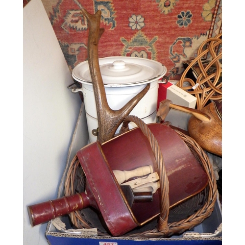 457 - A wicker basket, antlers, leather bags and a metal lidded bin (3)