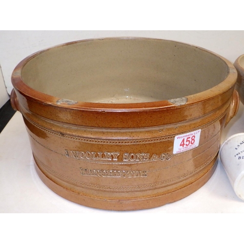 458 - A large stoneware container inscribed Woolley & Sons, Manchester together with other earthenware (5)