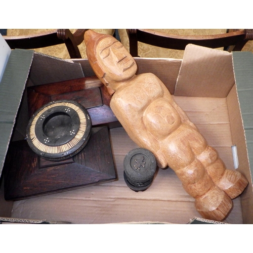 473 - Various wooden items including boxes and a carved figure together with a chalk figure of a young gir... 