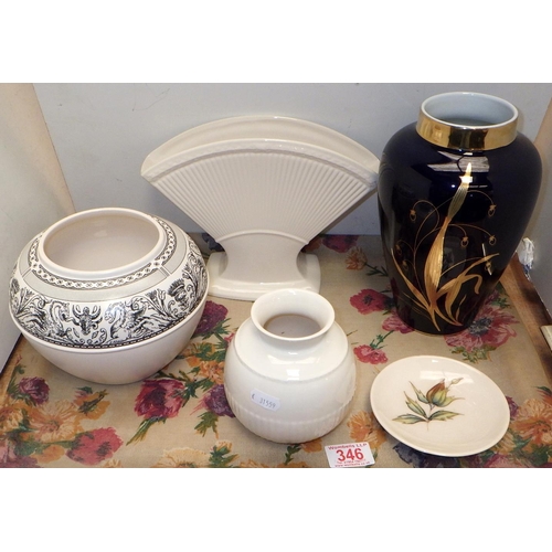 346 - Three Wedgwood vases, a Moorcroft dish and another vase.