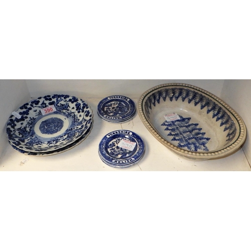 390 - A Sponge-ware pie dish, 2 oriental plates and 7 small 'Yorkshire Relish' plates af (10)