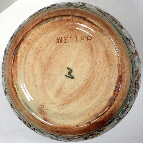 400 - A fulper  pot decorated with birds and foliage stamped Weller on base.