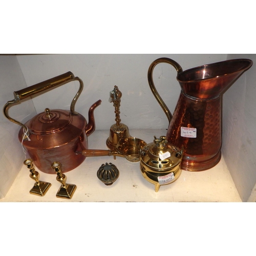 404 - A copper kettle and jug together with other metalware (qty)