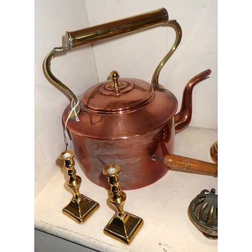 404 - A copper kettle and jug together with other metalware (qty)