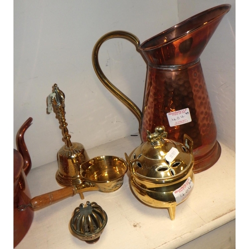 404 - A copper kettle and jug together with other metalware (qty)