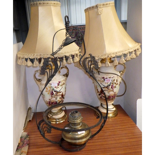 410 - Two large ceramic lamps together with a metal hanging lamp (3)