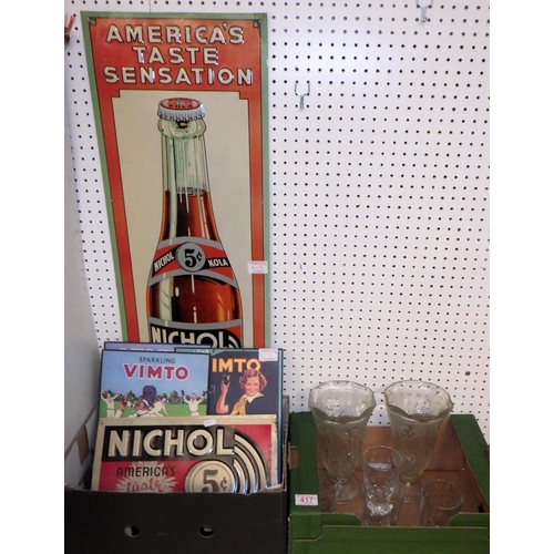 417 - A quantity of metal and wooden signs including Vimto and Nichol Kola together with some glassware (q... 