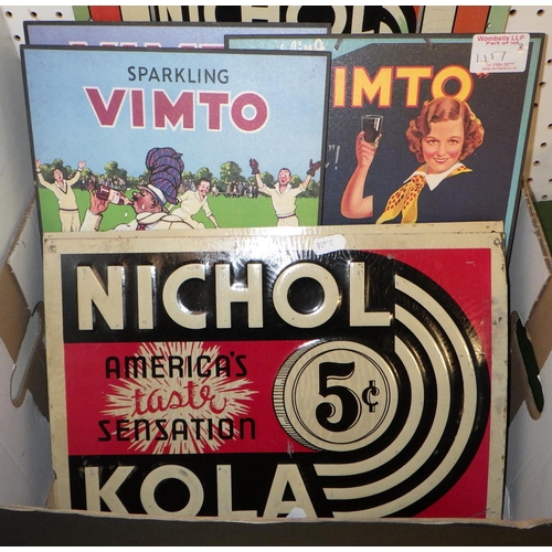 417 - A quantity of metal and wooden signs including Vimto and Nichol Kola together with some glassware (q... 