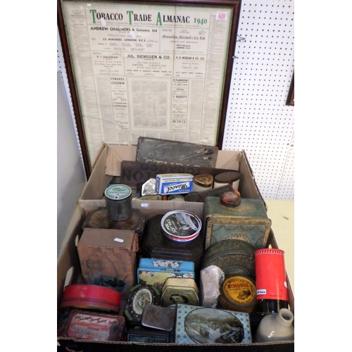 420 - A quantity of advertising tins, including tobacco related together with advertising signs and a fram... 