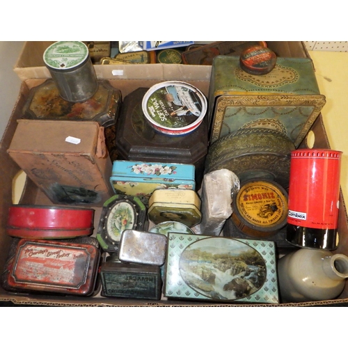 420 - A quantity of advertising tins, including tobacco related together with advertising signs and a fram... 