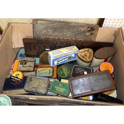 420 - A quantity of advertising tins, including tobacco related together with advertising signs and a fram... 