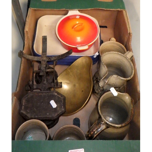 423 - A box of kitchenalia including scales, earthenware and a Le Creuset pot