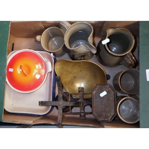 423 - A box of kitchenalia including scales, earthenware and a Le Creuset pot