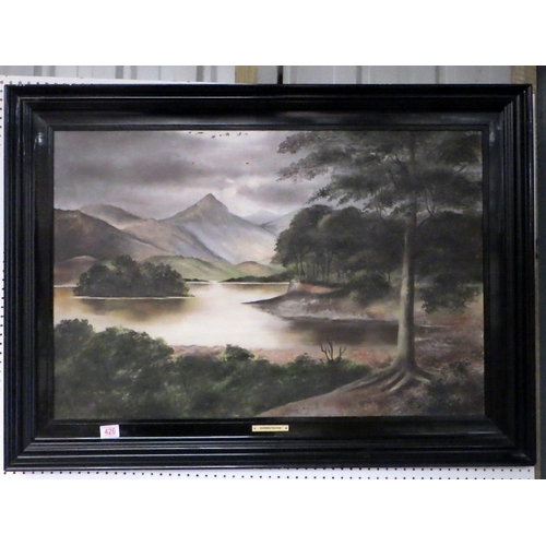 426 - Large painting on canvas of Derewentwater signed T. Warburton - some damage at top