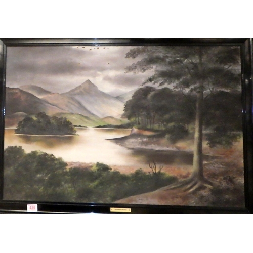 426 - Large painting on canvas of Derewentwater signed T. Warburton - some damage at top