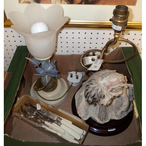 449 - An art deco style lamp and another ceramic one together with some plate cutlery and 4 pictures (5)