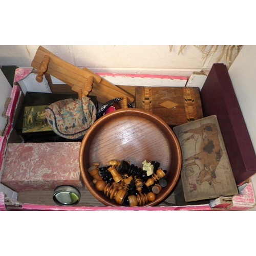 453 - A quantity of miscellaneous items including wooden items, chess pieces, costume jewellery, pearl ear... 