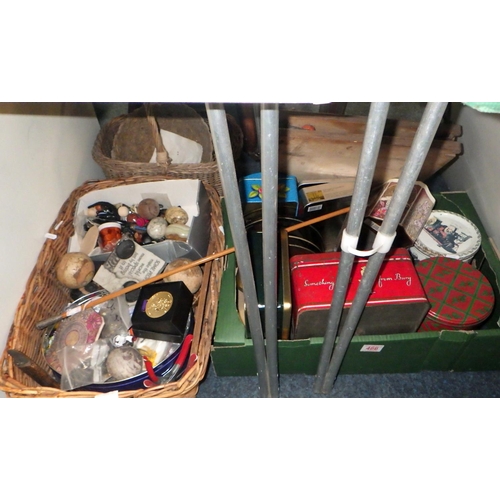 466 - A quantity of tins and basket-ware together with costume jewellery, buttons, a press and a British A... 