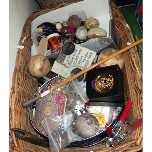 466 - A quantity of tins and basket-ware together with costume jewellery, buttons, a press and a British A... 