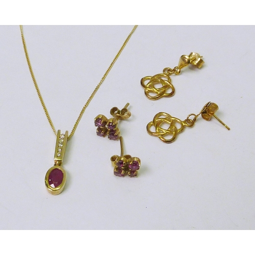 105 - A droplet pendant, 9ct gold set with pink sapphire and diamonds, the whole suspended from a 9ct gold... 