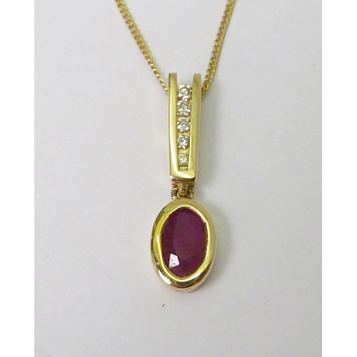 105 - A droplet pendant, 9ct gold set with pink sapphire and diamonds, the whole suspended from a 9ct gold... 