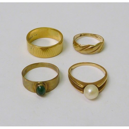 78 - An 18ct gold band ring, 6.5g; a cocktail ring set with a single pearl, yellow metal marked 585; two ... 