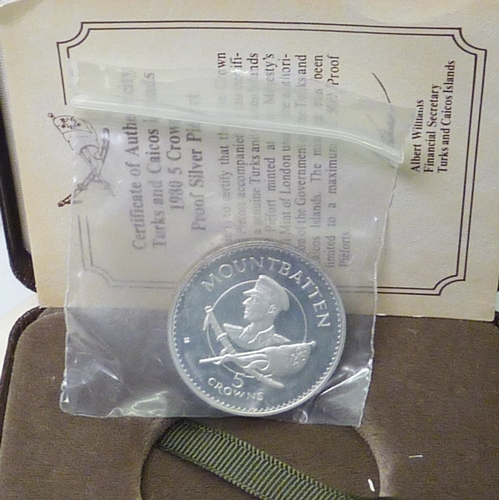128 - Three Turks and Caicos Islands 1980 Mountbatten Commemorative silver proof Piedfort issues comprisin... 