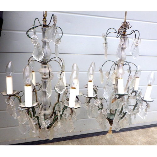 893 - A pair of modern chandeliers with glass drops, (a/f)