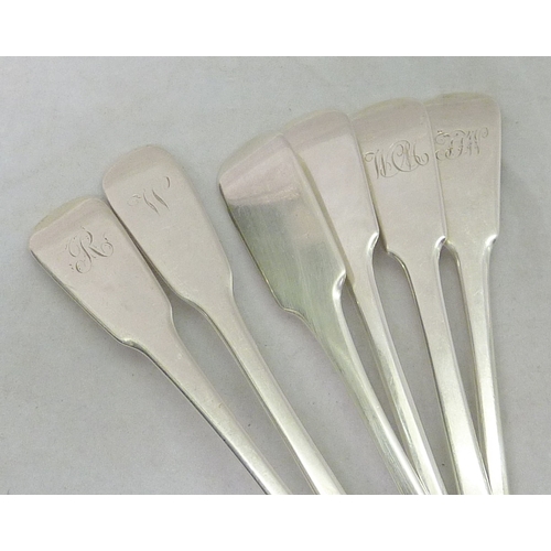 19 - Six various 19th cent silver fiddle pattern table spoons.  369gr