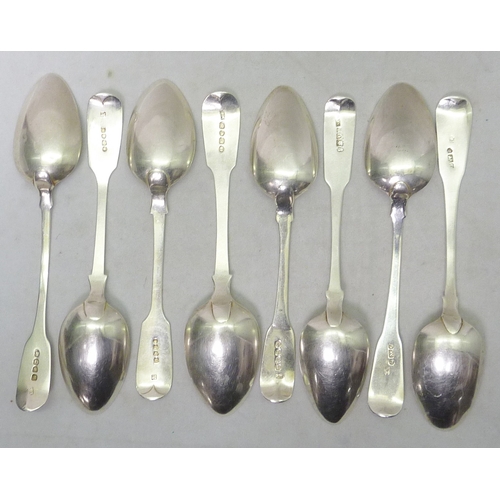 20 - Eight various 19th cent fiddle pattern dessert spoons.  285gr