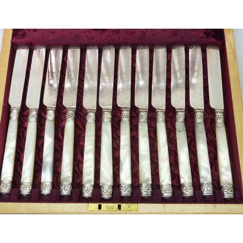 21 - A cased canteen of Victorian silver plate and mother of pearl fruit cutlery, some a/f; three contine... 