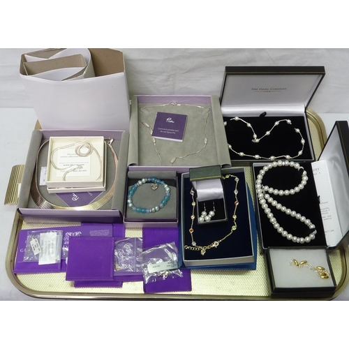 107 - Costume jewellery, incl white metal necklaces.  Most boxed, unused.