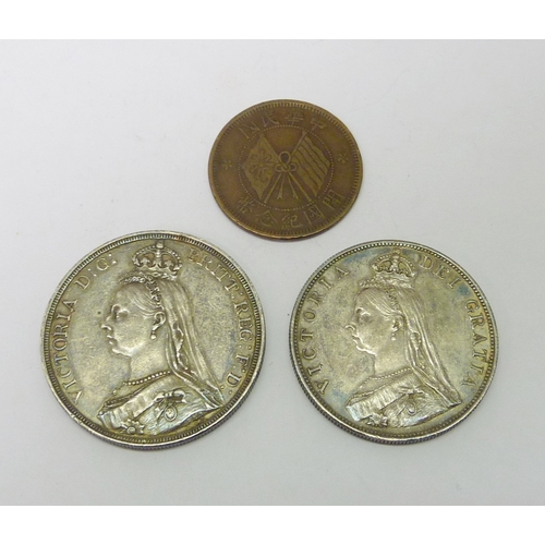 125 - A Victoria 1887 double florin; a Victoria 1887 full crown; a Chinese Republic 10 cash coin; Australi... 