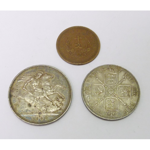 125 - A Victoria 1887 double florin; a Victoria 1887 full crown; a Chinese Republic 10 cash coin; Australi... 