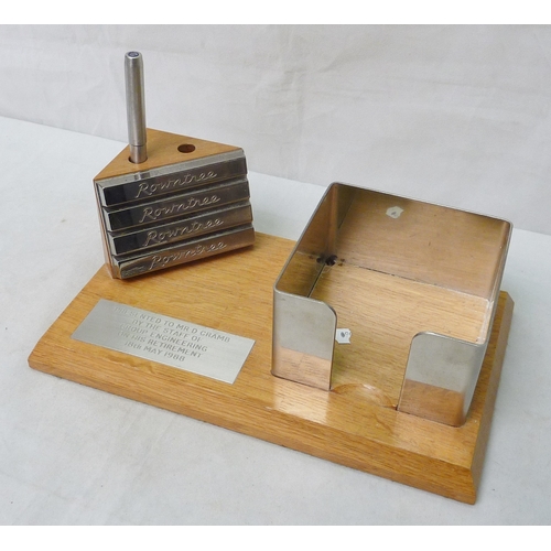 137 - A Rowntrees Kit Kat interest presentation desk stand, oak and base metal, dated 1988; a Dansk silver... 
