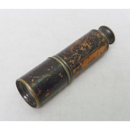 143 - A five draw telescope by J H Dallmeyer, leather covered brass, blackened finish worn.  145mm closed.