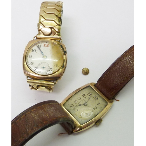 46 - A ladies 18ct gold cased wristwatch on a later sprung bracelet, head 15mm across; a 9ct gold cushion... 